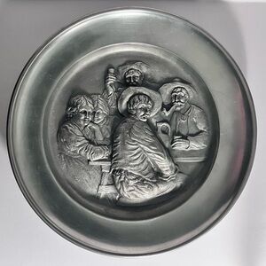 Vintage ERLANGER PEWTER Plate / HIGH RELIEF Tavern Scene / 12 Inches / GERMANY